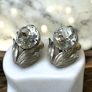 Vintage Norma Jean Earrings Womens Large Rhinestone Flower Design Clip On